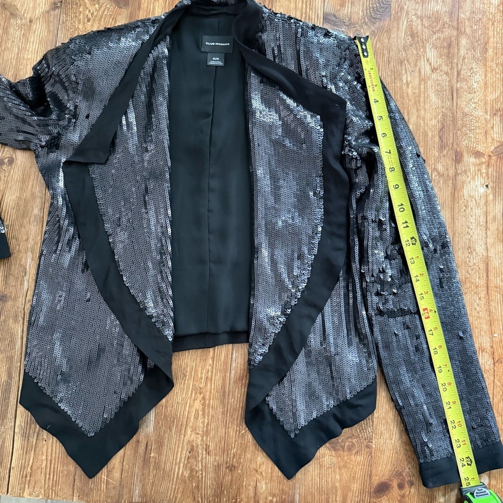 Club Monaco Cora Black Sequin Open Front Silk Blazer Jacket Women's Medium EUC - Picture 11 of 13